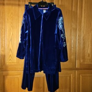 Vintage Bob Mackie Wearable Art Jacket + Pants set Blue Velvet Embroidered Zip